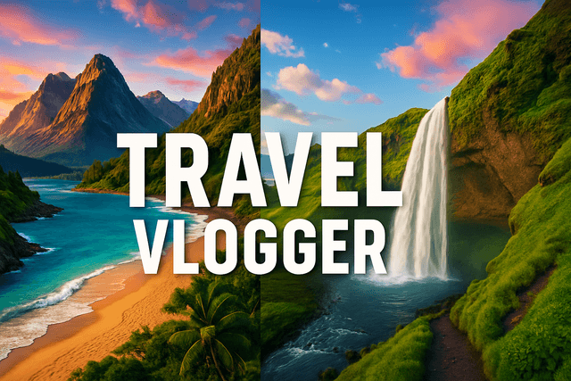 YouTube channel art for a travel vlogger, collage of epic landscapes, vibrant colors, bold channel name text overlay, modern and adventurous style