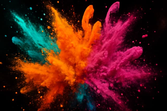 An explosion of colorful powder paint, abstract shapes of teal, orange, and hot pink frozen mid-air, dynamic and energetic composition, high-speed photography, perfect for a music or arts festival promo banner