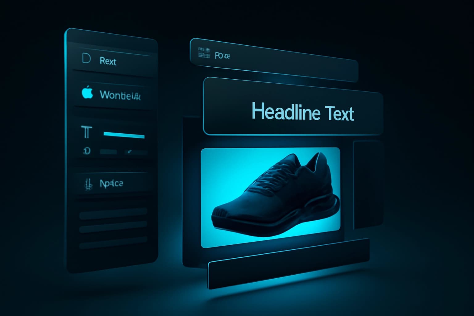 Stylized illustration of an AI banner editor interface, showing a banner design in an exploded view with its different layers—background, product image, text headline, and icons—separated in 3D space. The interface is clean, modern, and futuristic. Dark mode UI with vibrant purple and cyan highlights, demonstrating powerful customization capabilities.